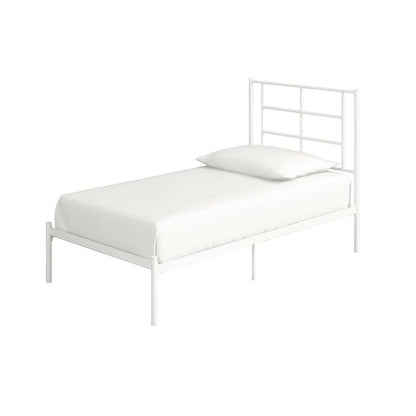 Twin Size Modern White Metal Platform Bed with Geometric Headboard - FurniFindUSA