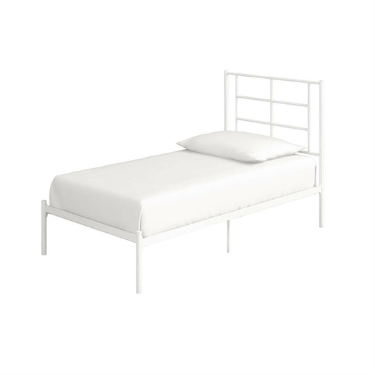 Twin Size Modern White Metal Platform Bed with Geometric Headboard - FurniFindUSA