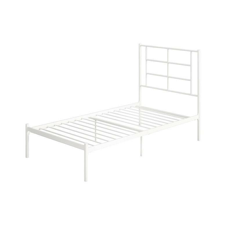 Twin Size Modern White Metal Platform Bed with Geometric Headboard - FurniFindUSA