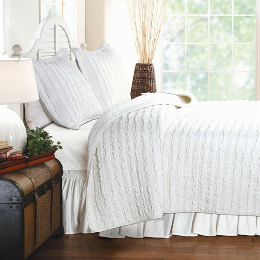 Twin Oversized 3-Piece Quilt Set White 100% Cotton Ruffles Pre-Washed - FurniFindUSA