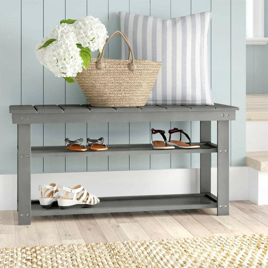 Grey Wood 2-Shelf Shoe Rack Storage Bench For Entryway or Closet - FurniFindUSA