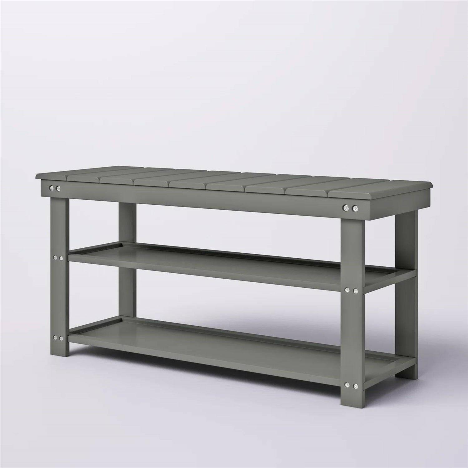 Grey Wood 2-Shelf Shoe Rack Storage Bench For Entryway or Closet - FurniFindUSA