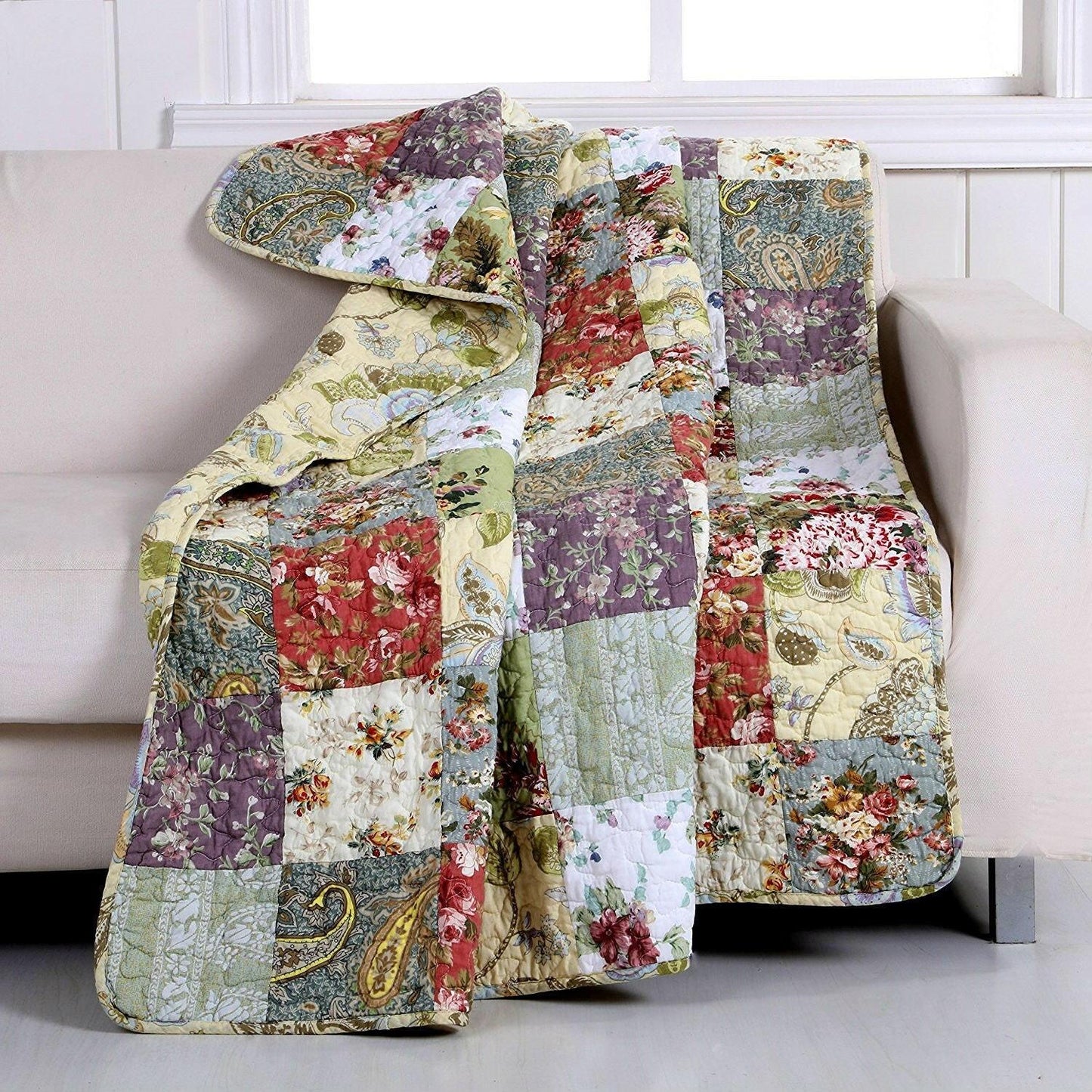 Red Green Blue Purple Yellow White 100-Percent Cotton Floral Patchwork Quilt Throw Blanket - FurniFindUSA