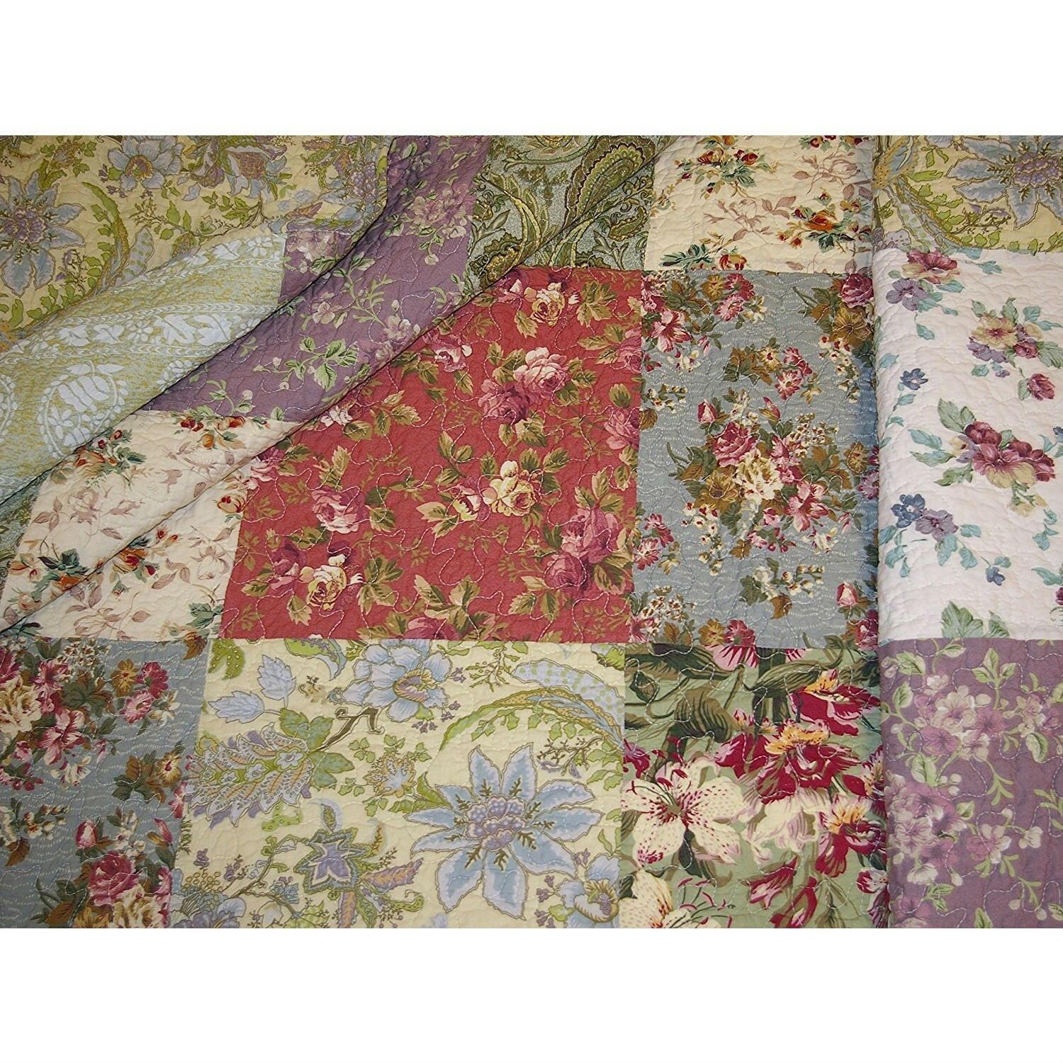 Red Green Blue Purple Yellow White 100-Percent Cotton Floral Patchwork Quilt Throw Blanket - FurniFindUSA