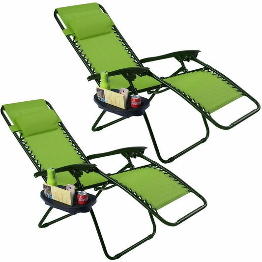 Set of 2 Green Folding Outdoor Zero Gravity Lounge Chair Recliner - FurniFindUSA