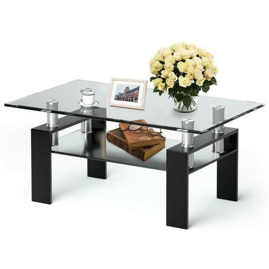 Modern 2 Tier Glass Coffee Table with Black Metal Legs - FurniFindUSA