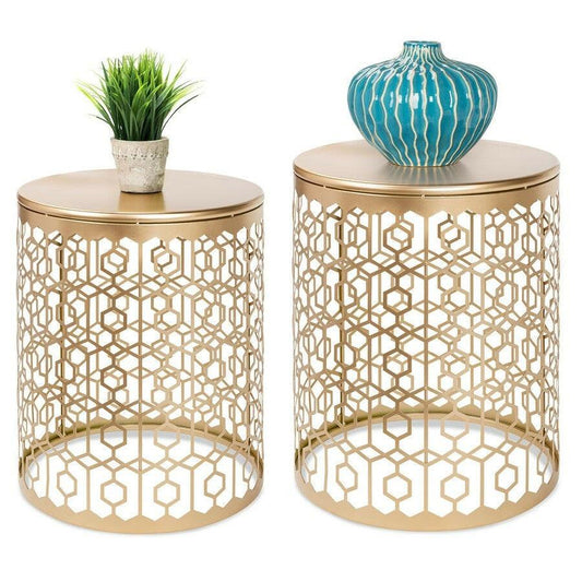 Set Of 2 Circle Charm Round Accent Table Nightstand Gold - FurniFindUSA