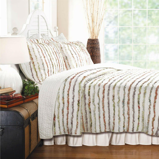 Full / Queen 100% Cotton Quilt Set Ruffled Multi-color Stripes - FurniFindUSA