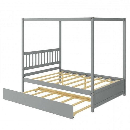 Gray Full Size Canopy Platform Bed with Twin Roller Trundle Bed - FurniFindUSA