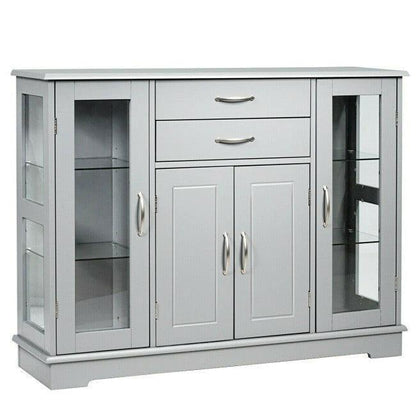 Grey Wood Buffet Sideboard Cabinet with Glass Display Doors - FurniFindUSA