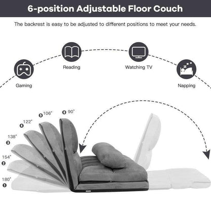 Faux Suede 5 Tilt Foldable Floor Sofa Bed Detachable Cloth Cover in Grey - FurniFindUSA