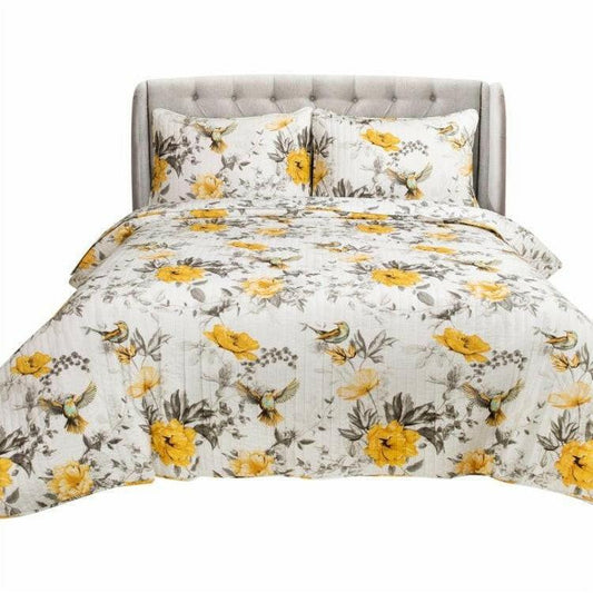 Full/Queen 3 Piece White Yellow Grey Reversible Floral Birds Cotton Quilt Set - FurniFindUSA