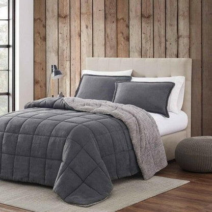 Full/Queen Plush Sherpa Reversible Micro Suede Comforter Set in Gray - FurniFindUSA