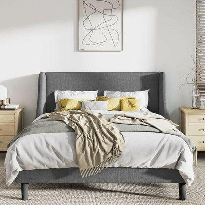 Full Size Grey Linen Blend Upholstered Platform Bed with Wingback Headboard - FurniFindUSA