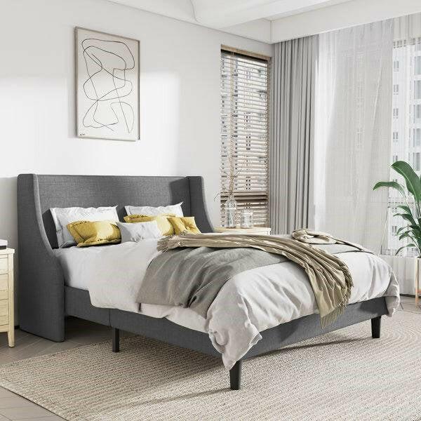 Full Size Grey Linen Blend Upholstered Platform Bed with Wingback Headboard - FurniFindUSA