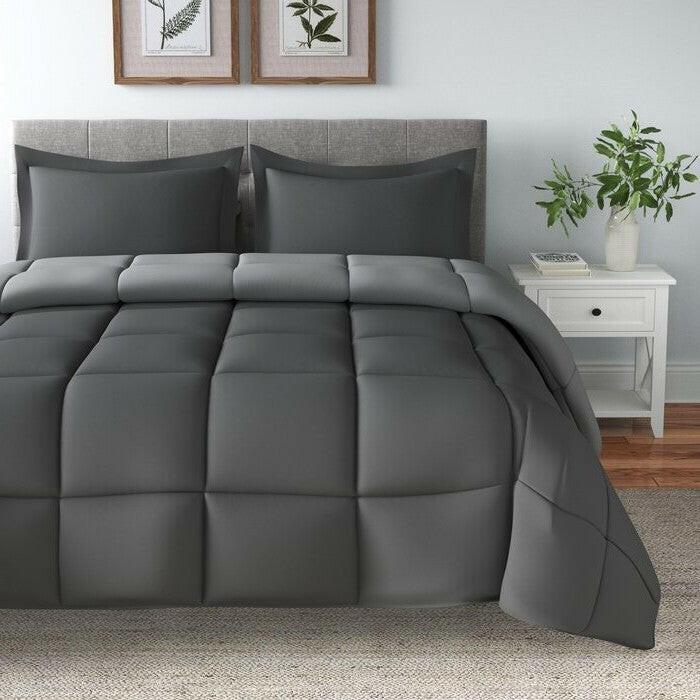 Full/Queen Traditional Microfiber Reversible 3 Piece Comforter Set in Grey - FurniFindUSA