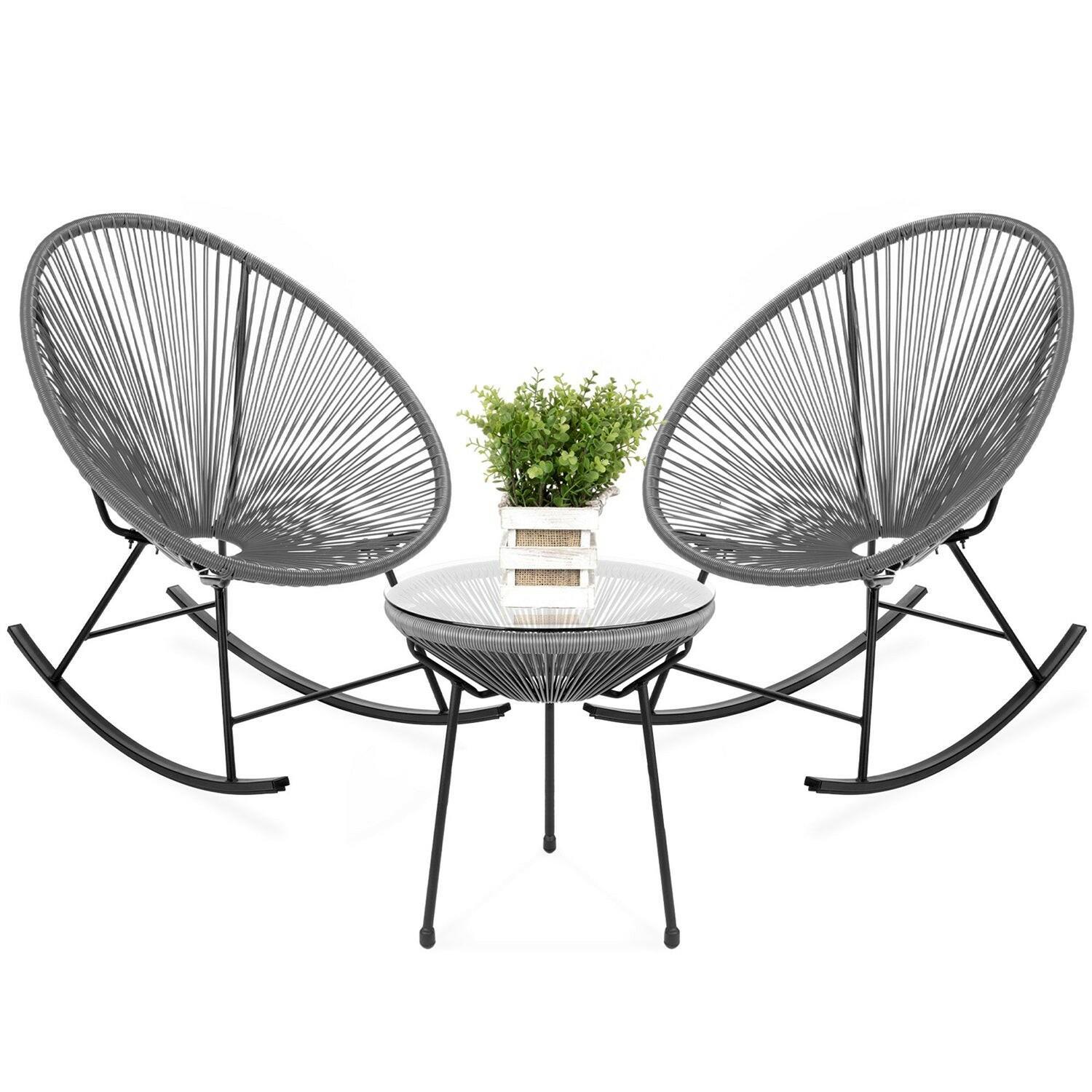 3 Piece Grey Oval Patio Woven Rocking Chair Bistro Set - FurniFindUSA