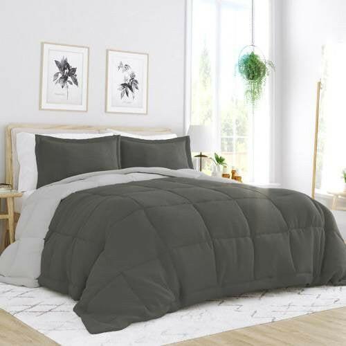 Full/Queen 3-Piece Microfiber Reversible Comforter Set in Grey / Light Grey - FurniFindUSA