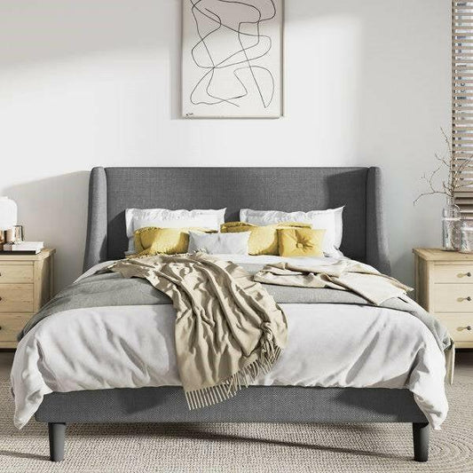 Queen Size Grey Linen Blend Upholstered Platform Bed with Wingback Headboard - FurniFindUSA