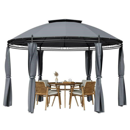 Circular Dome Hexagon Gazebo Canopy with Polyester Privacy Curtain in Grey - FurniFindUSA