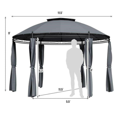Circular Dome Hexagon Gazebo Canopy with Polyester Privacy Curtain in Grey - FurniFindUSA