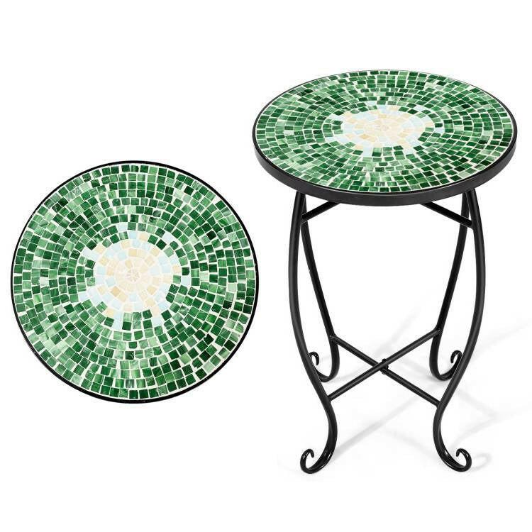 Indoor/Outdoor Green Mosaic Round Side Accent Table Plant Stand - FurniFindUSA