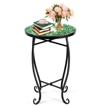 Indoor/Outdoor Green Mosaic Round Side Accent Table Plant Stand - FurniFindUSA