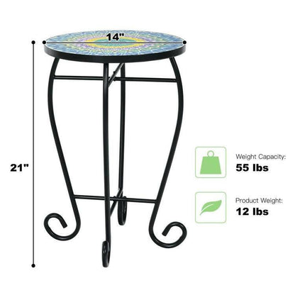 Indoor/Outdoor Green Mosaic Round Side Accent Table Plant Stand - FurniFindUSA