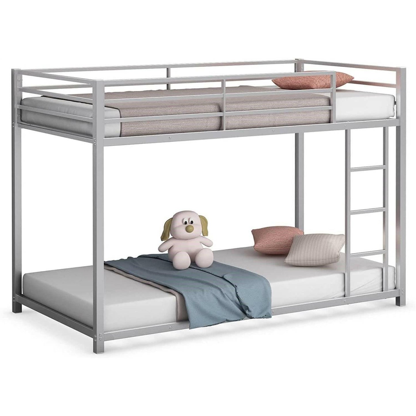 Twin over Twin Low Profile Modern Bunk Bed in Silver Metal Finish - FurniFindUSA