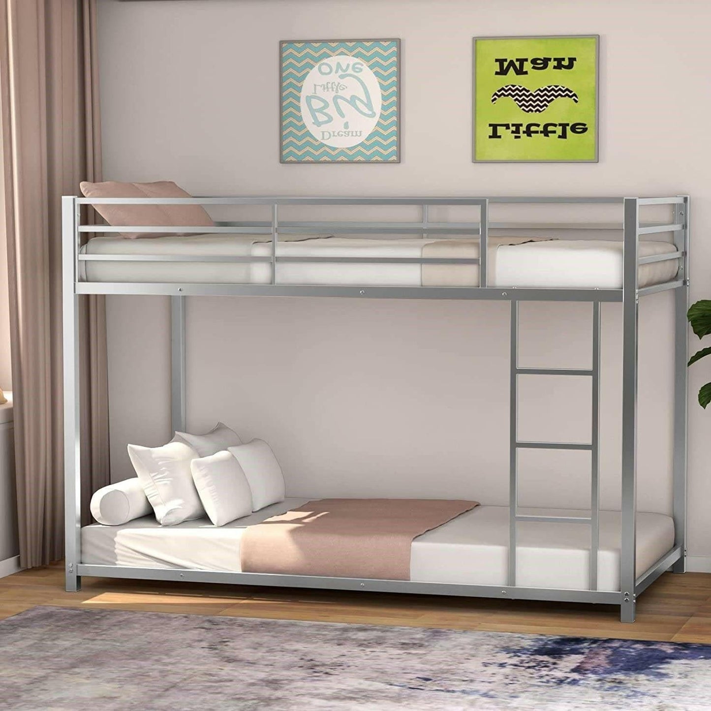 Twin over Twin Low Profile Modern Bunk Bed in Silver Metal Finish - FurniFindUSA