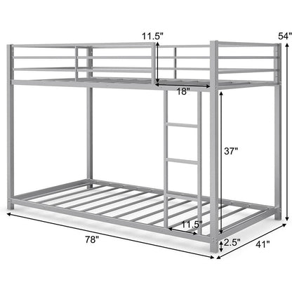 Twin over Twin Low Profile Modern Bunk Bed in Silver Metal Finish - FurniFindUSA