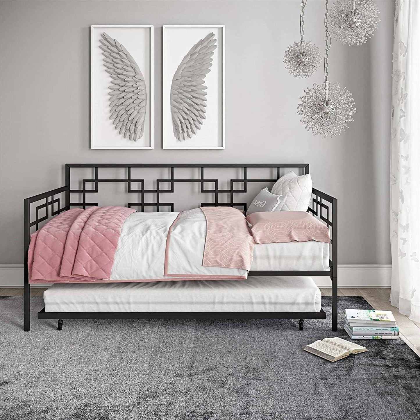 Black Metal Daybed Frame with Twin Pull-Out Trundle Bed - FurniFindUSA