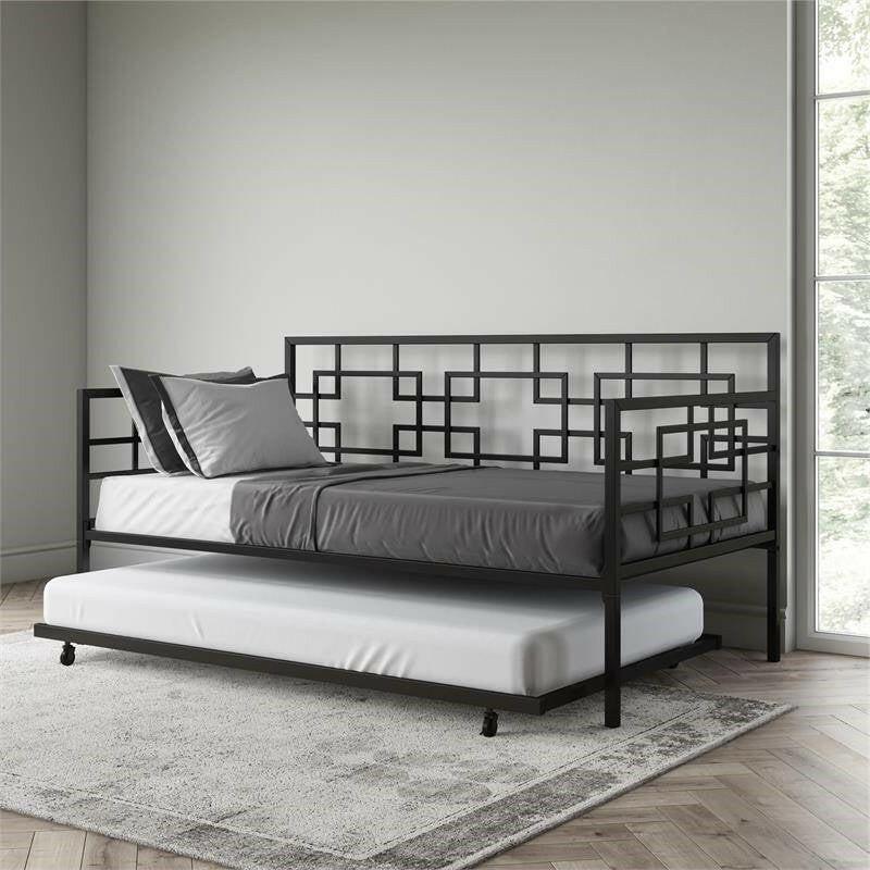 Black Metal Daybed Frame with Twin Pull-Out Trundle Bed - FurniFindUSA