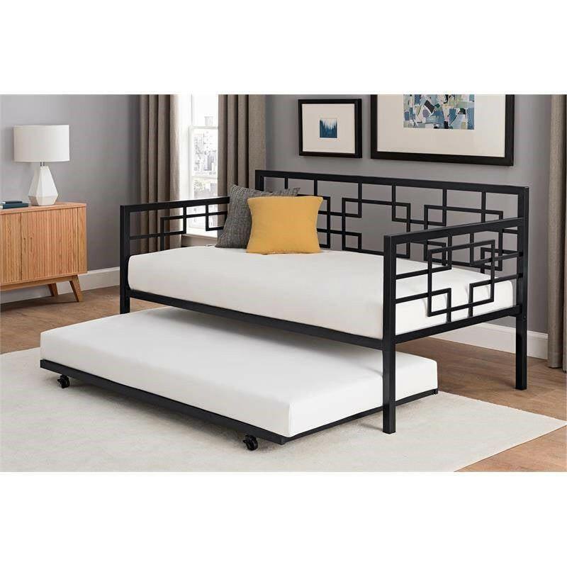 Black Metal Daybed Frame with Twin Pull-Out Trundle Bed - FurniFindUSA
