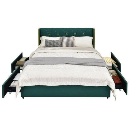 Queen Size Green/Gold Linen Headboard 4 Drawer Storage Platform Bed - FurniFindUSA