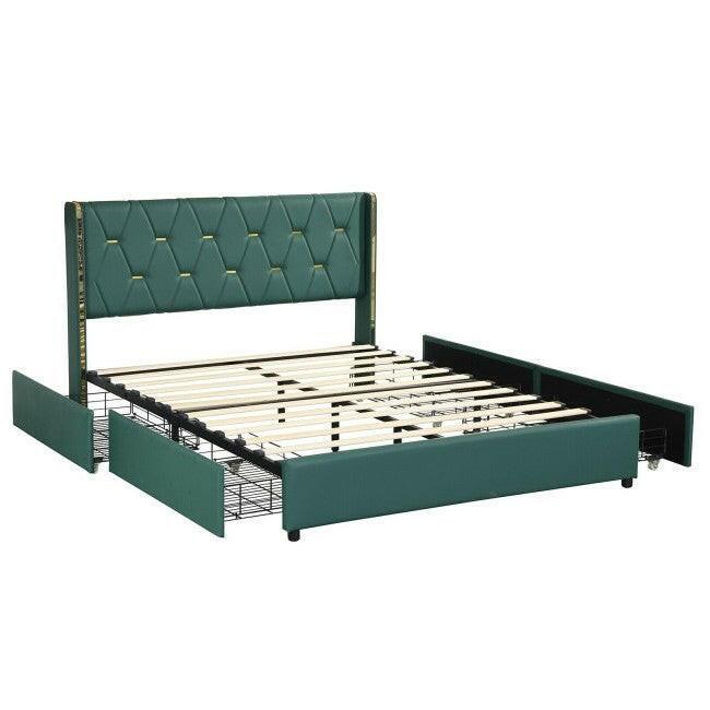 Queen Size Green/Gold Linen Headboard 4 Drawer Storage Platform Bed - FurniFindUSA