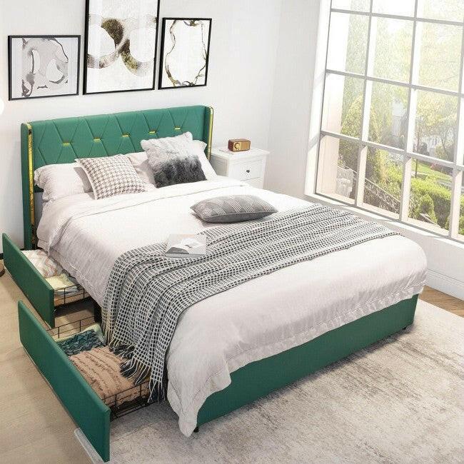 Queen Size Green/Gold Linen Headboard 4 Drawer Storage Platform Bed - FurniFindUSA