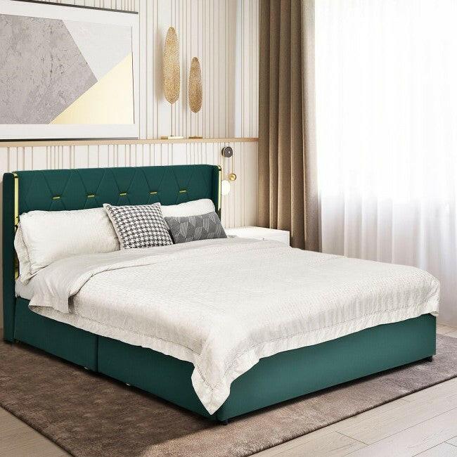 Queen Size Green/Gold Linen Headboard 4 Drawer Storage Platform Bed - FurniFindUSA