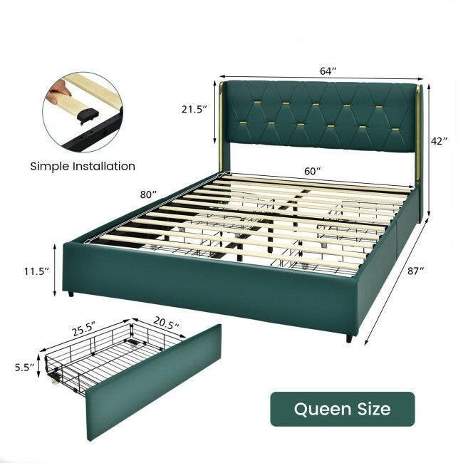 Queen Size Green/Gold Linen Headboard 4 Drawer Storage Platform Bed - FurniFindUSA