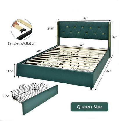 Queen Size Green/Gold Linen Headboard 4 Drawer Storage Platform Bed - FurniFindUSA