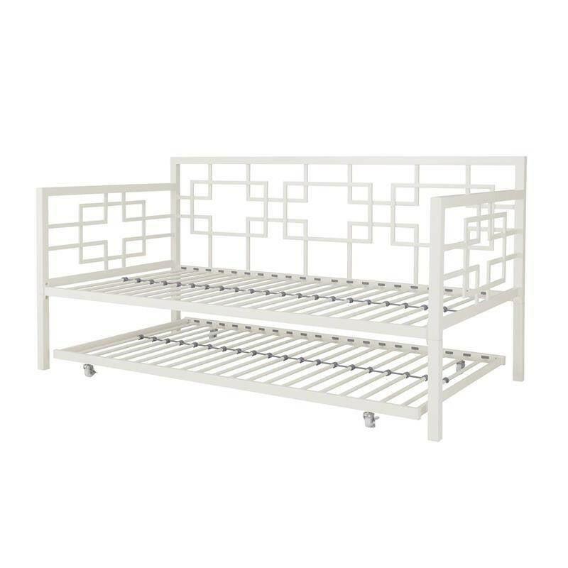 Contemporary White Metal Daybed Frame with Twin Pull-Out Trundle Bed - FurniFindUSA