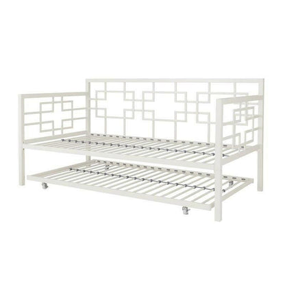 Contemporary White Metal Daybed Frame with Twin Pull-Out Trundle Bed - FurniFindUSA