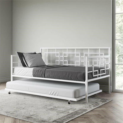 Contemporary White Metal Daybed Frame with Twin Pull-Out Trundle Bed - FurniFindUSA