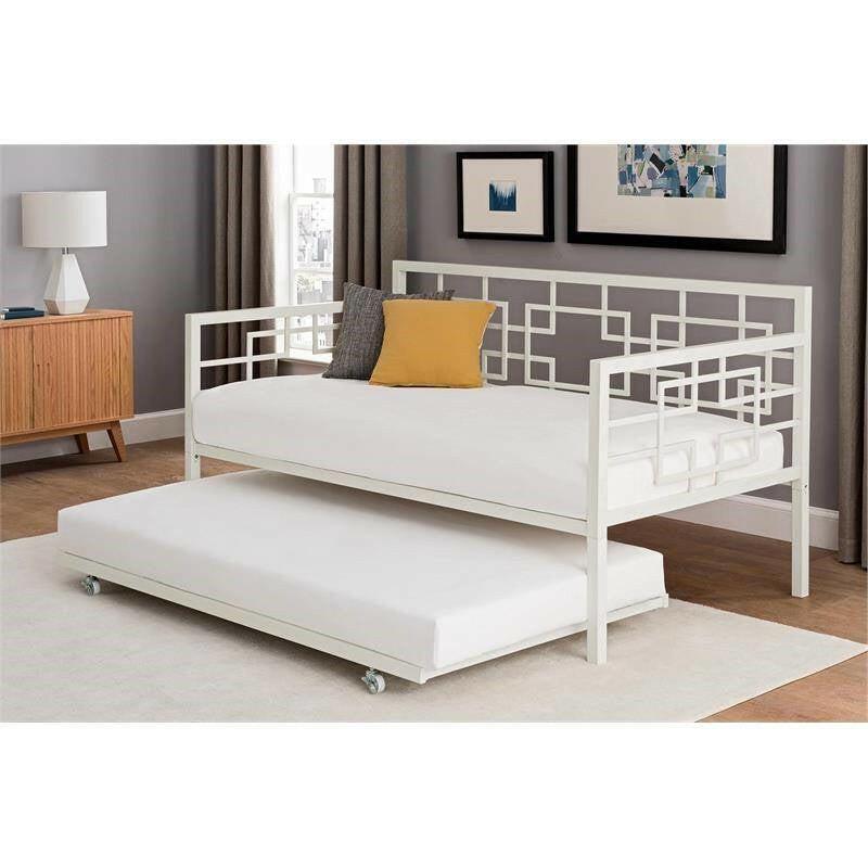 Contemporary White Metal Daybed Frame with Twin Pull-Out Trundle Bed - FurniFindUSA