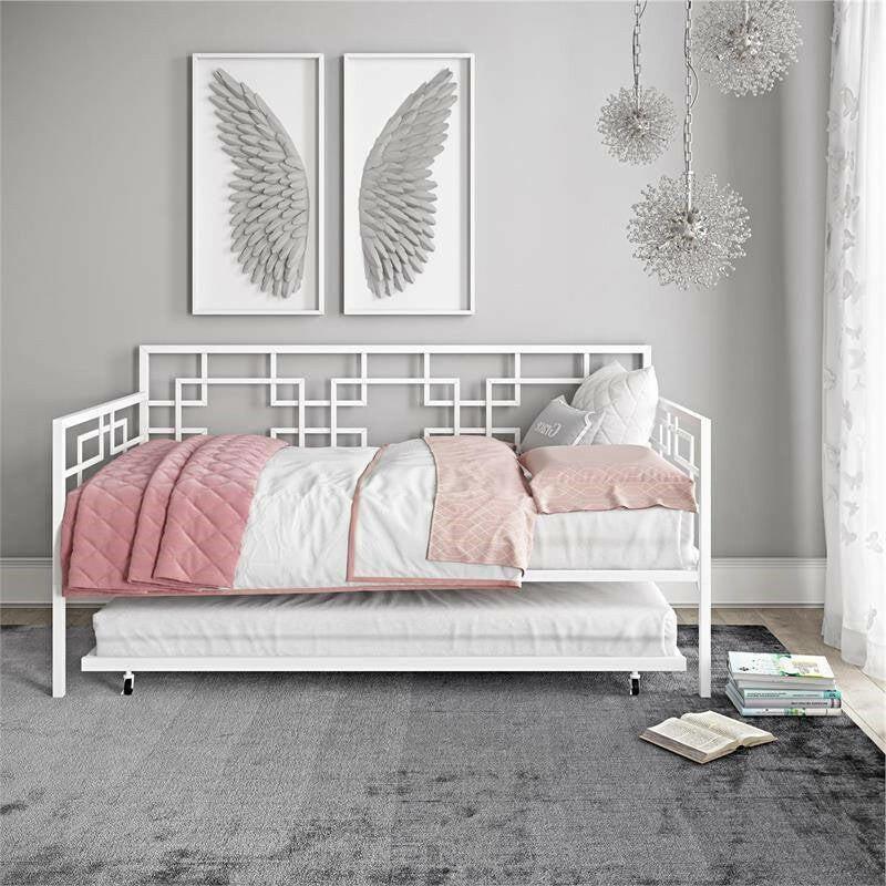 Contemporary White Metal Daybed Frame with Twin Pull-Out Trundle Bed - FurniFindUSA