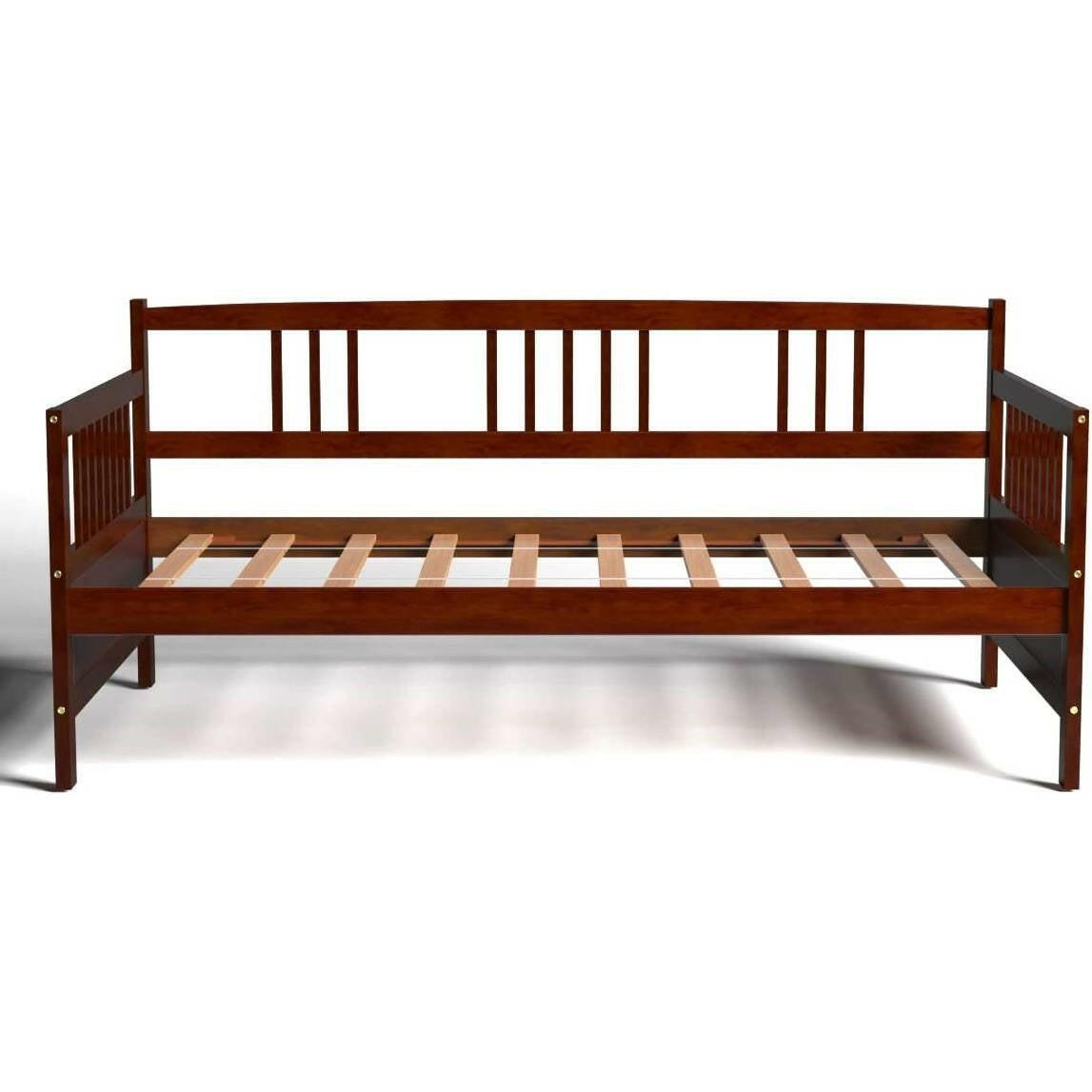Twin size 2-in-1 Wood Daybed Frame Sofa Bed in Brown Cherry Finish - FurniFindUSA