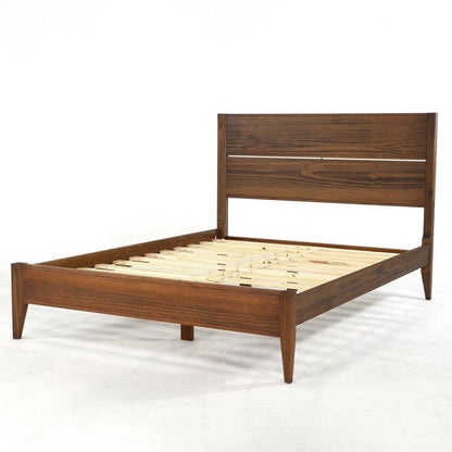 Queen Size Rustic Walnut Mid Century Slatted Platform Bed - FurniFindUSA