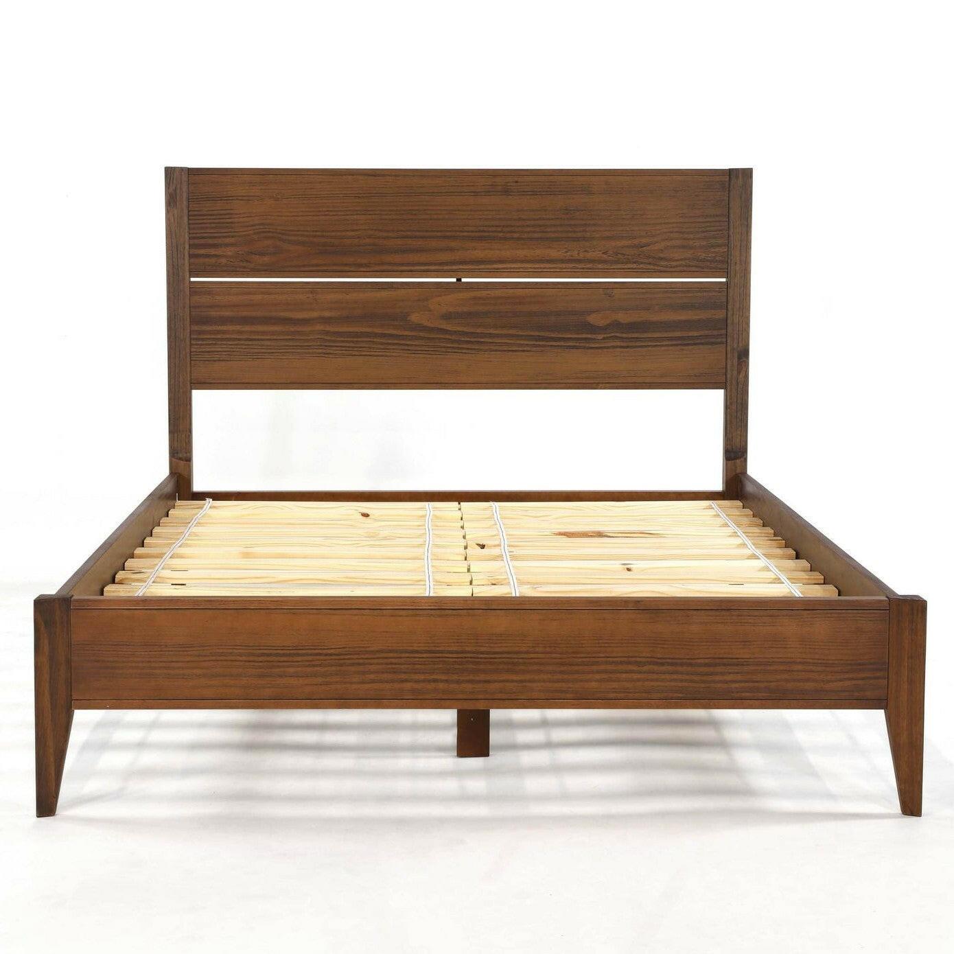 Queen Size Rustic Walnut Mid Century Slatted Platform Bed - FurniFindUSA