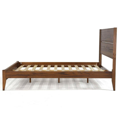 Queen Size Rustic Walnut Mid Century Slatted Platform Bed - FurniFindUSA