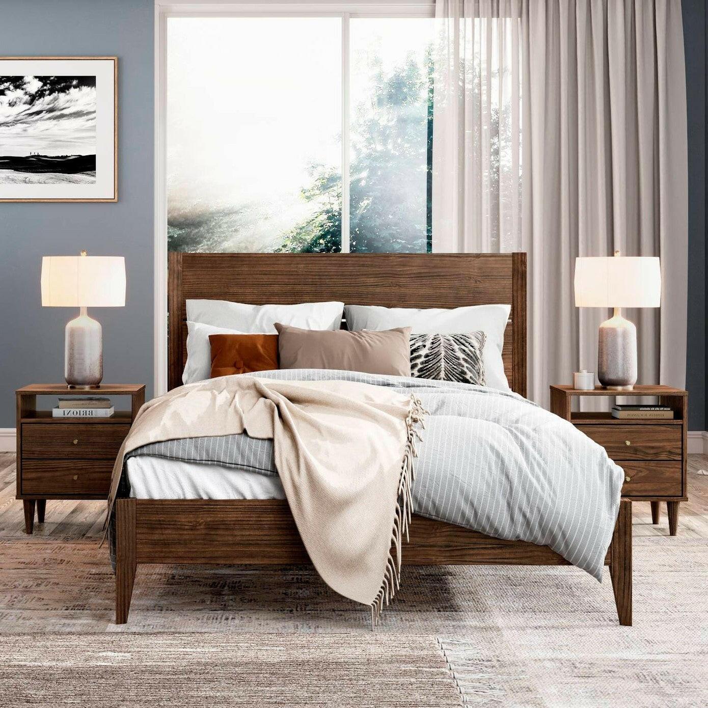 Queen Size Rustic Walnut Mid Century Slatted Platform Bed - FurniFindUSA